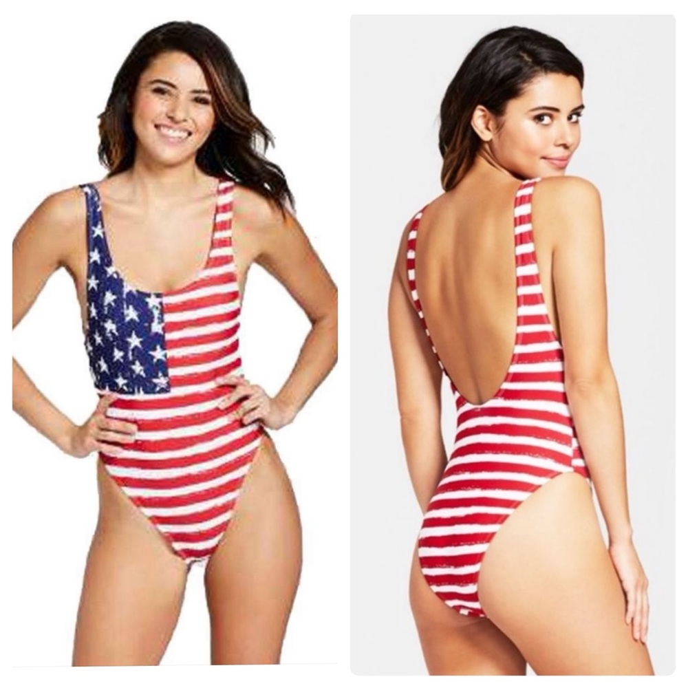 NWT Xhilaration Patriotic Americana Stars Stripes USA Flag One Piece Swimsuit S
